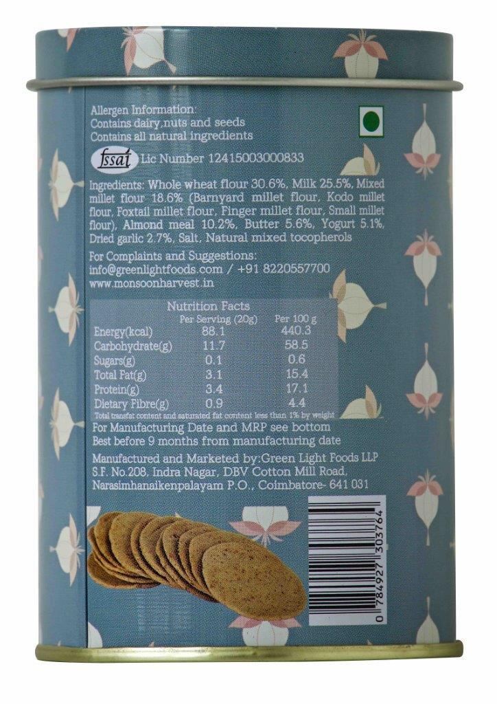 Monsoon Harvest Buttermilk & Millet Crackers - Roasted Garlic 100 Gms (Pack of 3)
