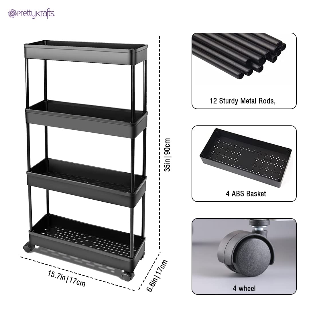 4 Tier Multipurpose Plastic Storage Organizer Slim Rack Shelf with Wheels Slim Slide Out Kitchen Trolley