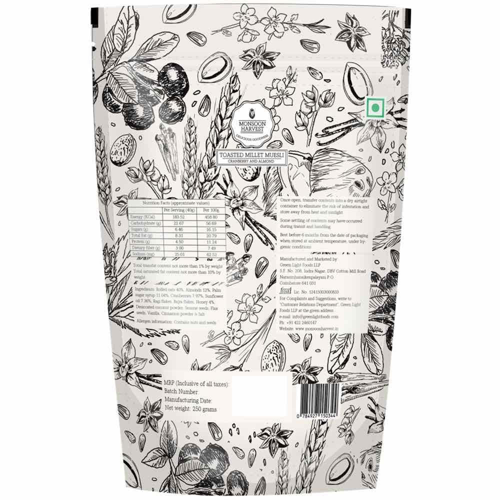 Monsoon Harvest Toasted Millet Muesli Cranberry and Almond 250 Grams(Pack of 2)