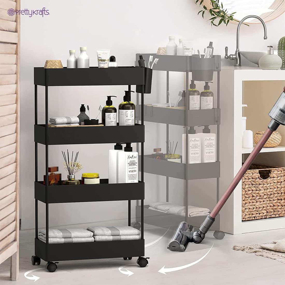 4 Tier Multipurpose Plastic Storage Organizer Slim Rack Shelf with Wheels Slim Slide Out Kitchen Trolley