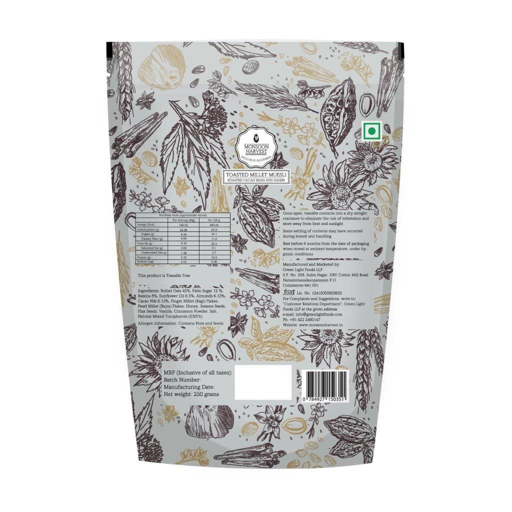 Monsoon Harvest Toasted Millet Muesli Roasted Cacao Bean and Raisin 250 Grams (Pack of 2)