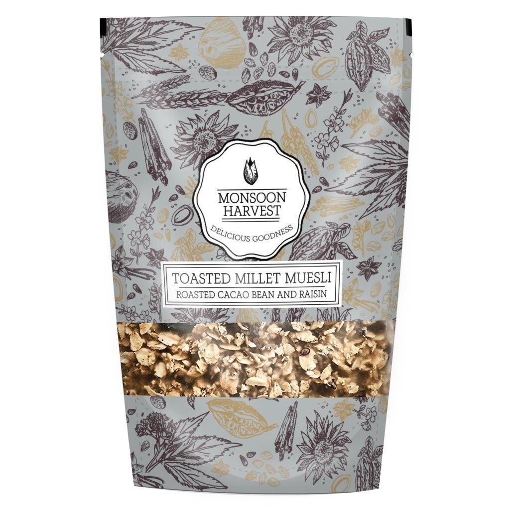 Monsoon Harvest Toasted Millet Muesli Roasted Cacao Bean and Raisin 250 Grams (Pack of 2)