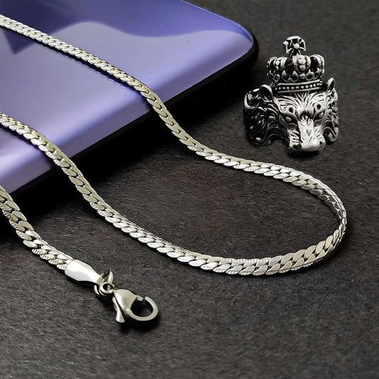 Silver plated chain with silver plated KGF LION shape adjustable ring combo set Rhodium Plated Stainless Steel Chain