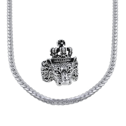 Silver plated chain with silver plated KGF LION shape adjustable ring combo set Rhodium Plated Stainless Steel Chain