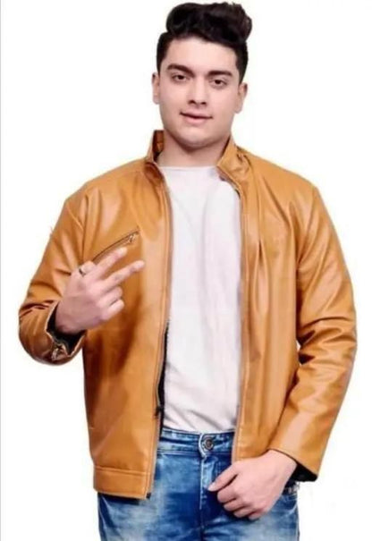 Men's Solid Rexine Leather Light Tan Jacket