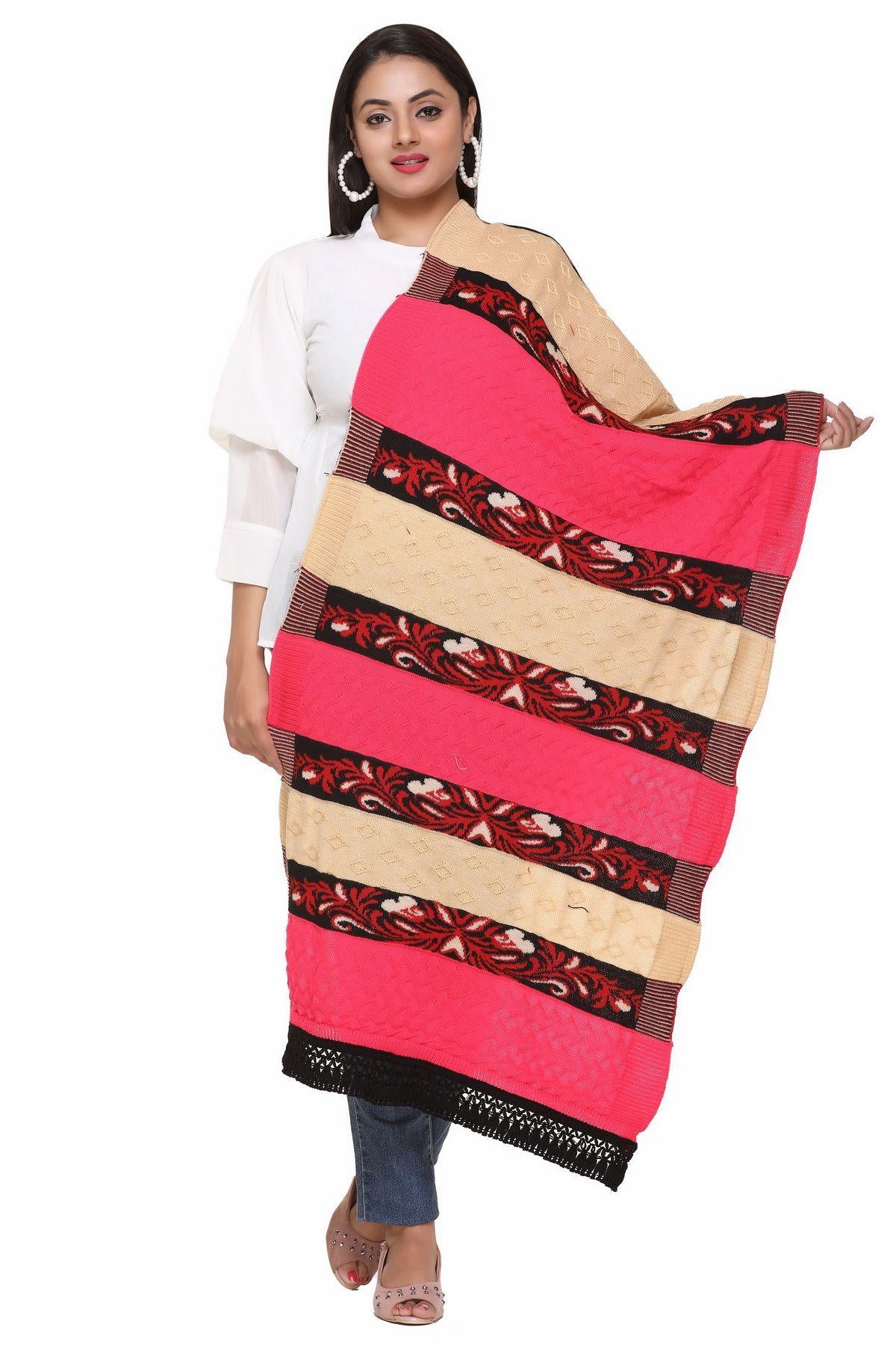 Women's Woolen Color Block Pattern Winter Stole