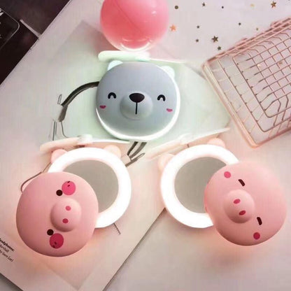 Cartoon Cute Pig LED Lights Mirror Pocket Fan