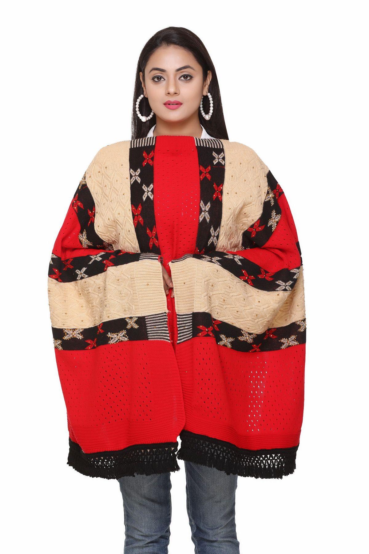 Women's Woolen Color Block Pattern Winter Stole
