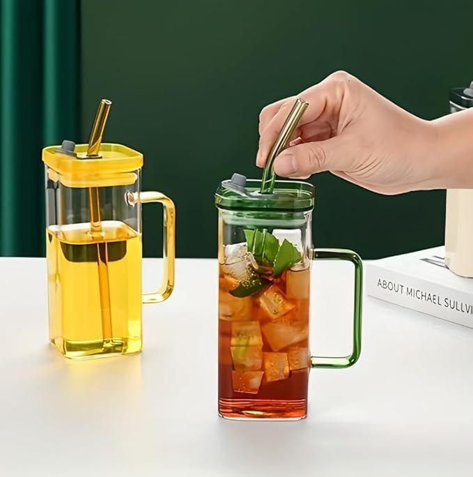 Square Glass with Lid and Straw