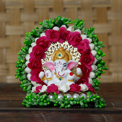 eCraftIndia Lord Ganesha Idol on Decorative Handcrafted Green Floral Plate for Home and Car