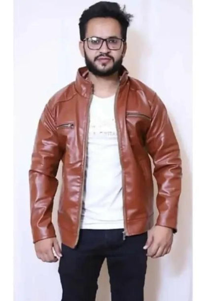 Men's Solid Rexine Leather Dark Tan Jacket
