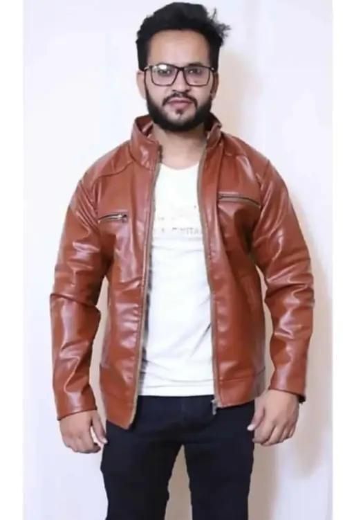 Men's Solid Rexine Leather Dark Tan Jacket