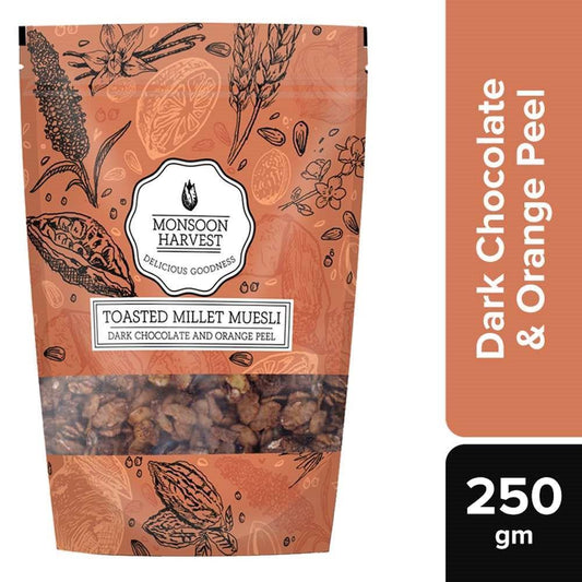 Package Contains: Monsoon Harvest Toasted Millet Muesli Dark Chocolate and Orange Peel 250 Grams (Pack of 2)