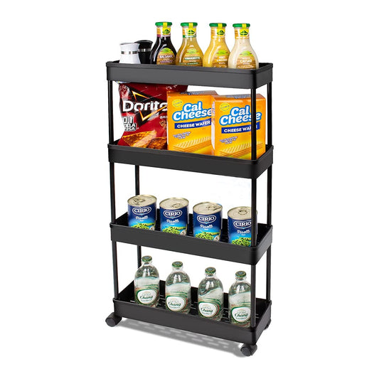 4 Tier Multipurpose Plastic Storage Organizer Slim Rack Shelf with Wheels Slim Slide Out Kitchen Trolley