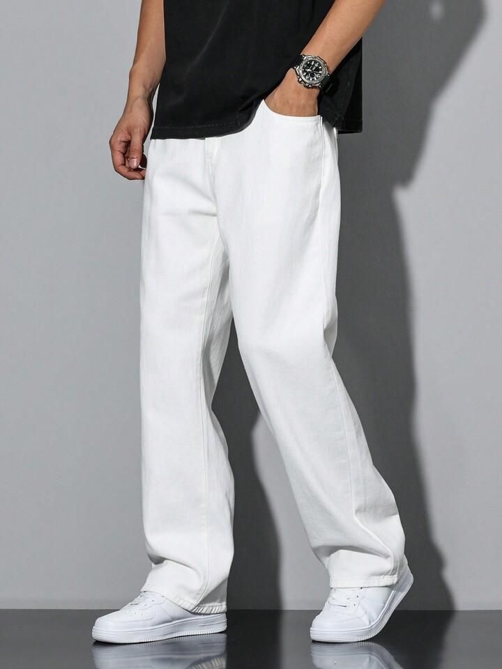 Men's Loose Fit Mid Rise White Jeans