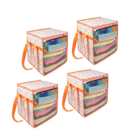 Saree Cover - Printed Non Woven Saree Cover with Handles and Transparent Front (Pack of 4)