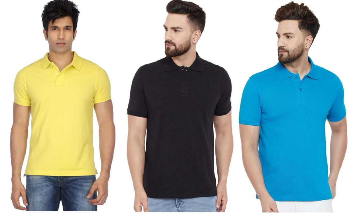 Cotton Matty Solid Half Sleeves Men's Polo Neck T-Shirt Pack Of 3