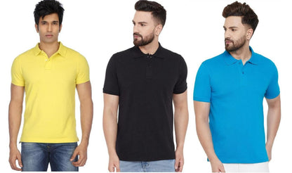Cotton Matty Solid Half Sleeves Men's Polo Neck T-Shirt Pack Of 3