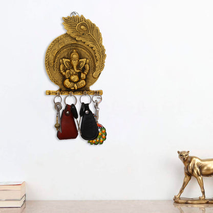 eCraftIndia Golden Lord Ganesha Mor Pankh 4 Hooks Key Holder