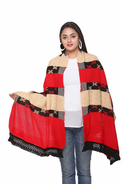 Women's Woolen Color Block Pattern Winter Stole